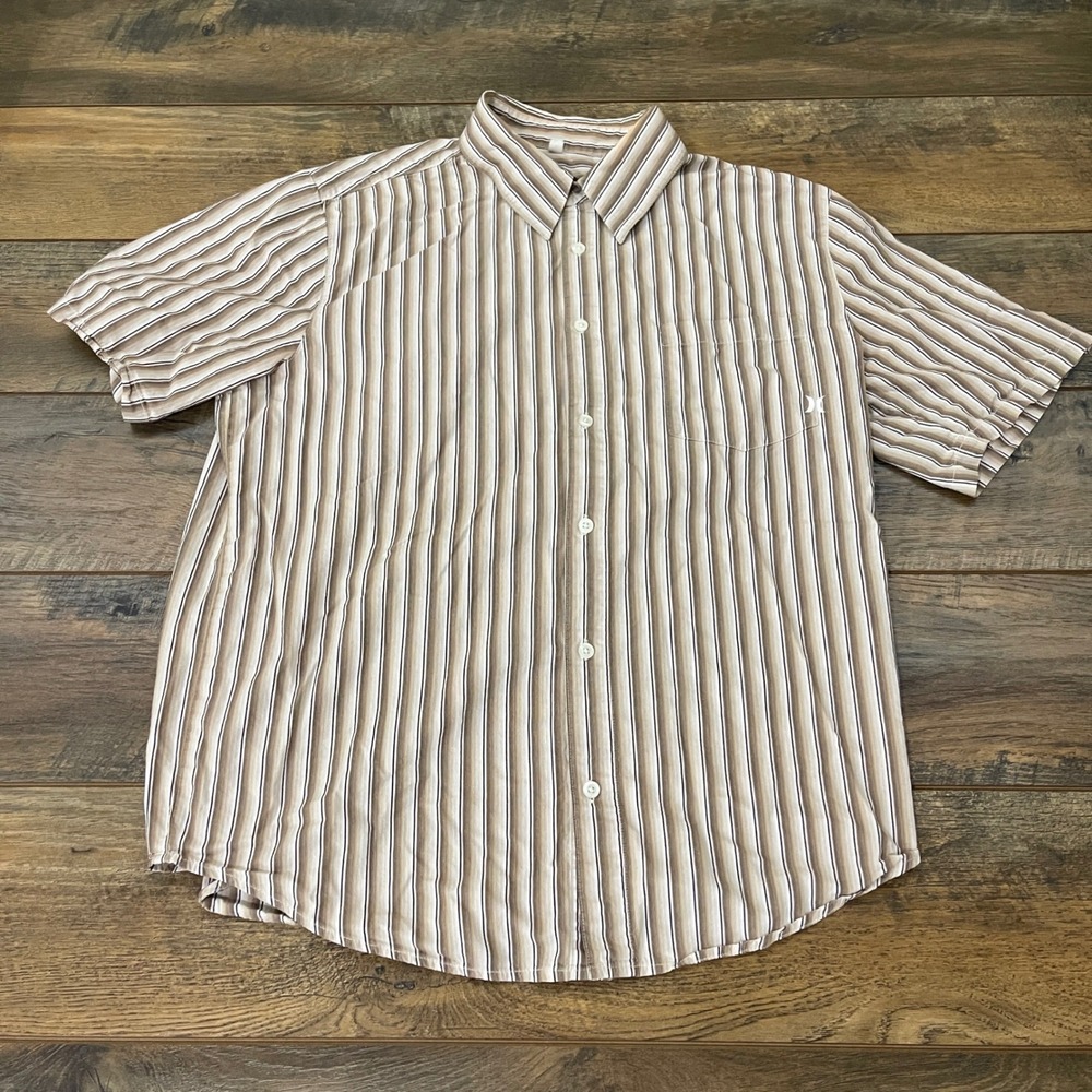 Hurley Mens Short Sleeve Button Up Striped Shirt Brown Tan White Size L Skater